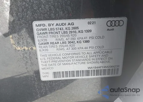 2021 Audi Sq5 Premium Plus Tfsi Quattro Tiptronic z USA, uszkodzony, nr VIN WA1B4AFY4M2064238